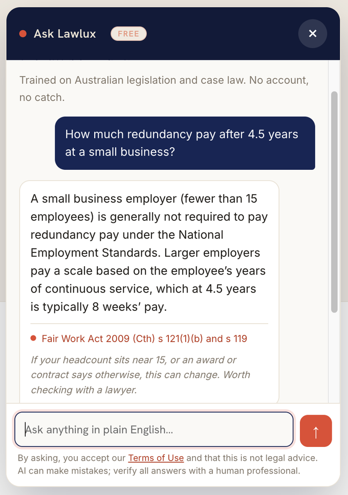 The Ask Lawlux widget answering a redundancy question, with the Fair Work Act cited